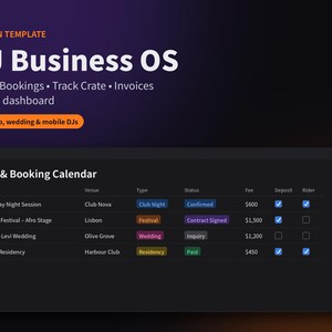 May include: A Notion template titled DJ Business OS featuring a dark interface with a Gig and Booking Calendar table. The dashboard displays columns for event, venue, type, status, fee, deposit, and rider, with rows detailing specific DJ bookings.