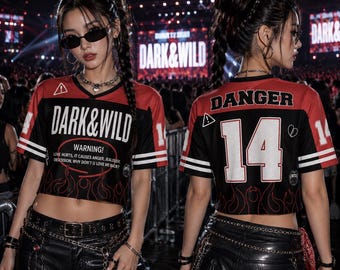 Mesh Crop Top Football Jersey Inspired by Dark & Wild, Danger Fan Shirt, Flame Graphic Concert Outfit, Kpop Gift for Fans
