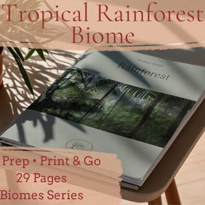 May include: A stack of books titled "Tropical Rainforest Biome" with a rainforest image on the cover. The text "No Prep • Print & Go" and "29 Pages" are also visible. The book is part of the "Biomes Series".