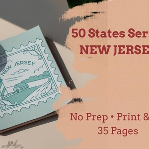 以下が含まれることがあります： 灯台と「NEW JERSEY」の文字が描かれた、ニュージャージーのデザインが特徴の薄い青色のノート。表紙には「50 States Series」、「No Prep • Print & Go」、および「35 Pages」の文字も表示されています。