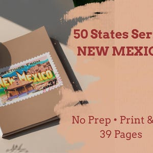 May include: A tan-coloured book featuring a New Mexico stamp design. The stamp reads "GREETINGS FROM NEW MEXICO" with a building image. Text on the cover reads "50 States Series NEW MEXICO" and "No Prep • Print & Go 39 Pages."