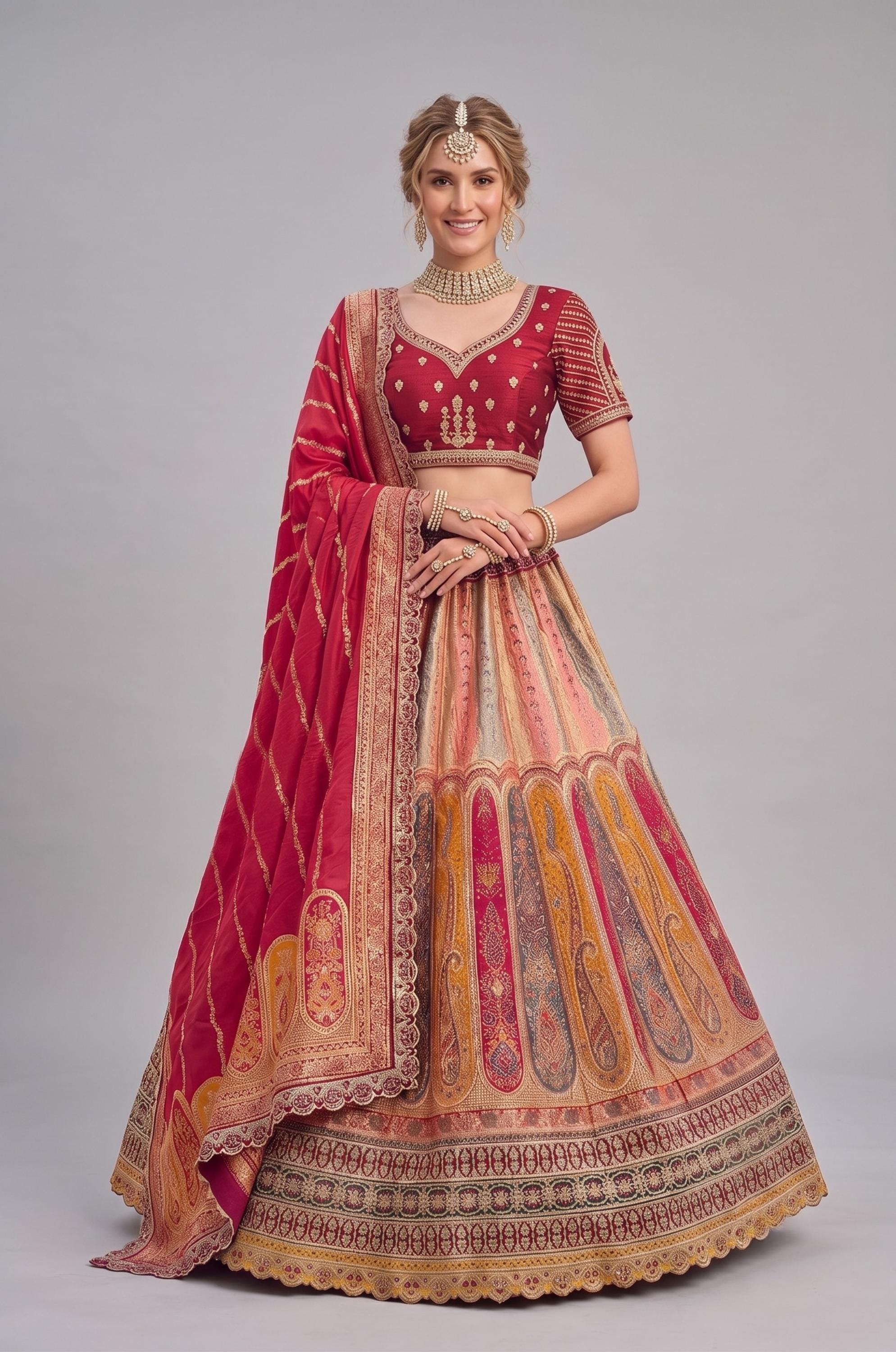 Bridal Wedding Wear Red Banarasi Silk Real Mirror Sequence Work Heavy Lehenga Choli Dupatta