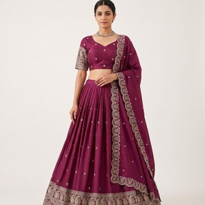 Indisk bröllopsklänning i 2 färger, senaste Chinon-sidenbroderad Lehenga för kvinnor, bröllopsgäster