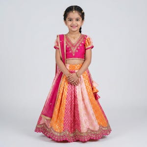 Wedding Wear Orange Color Embroidery Sequence Work Silk Indian Lehenga Choli for Kids Girl