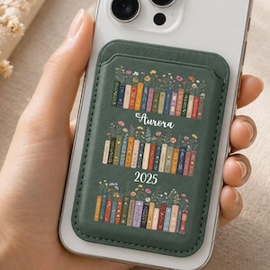 Personalized Floral Bookshelf MagSafe Wallet, Custom Name Leather iPhone Card Holder