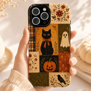 Halloween Patchwork Phone Case, Black Cat Ghost Pumpkin, Fall Vibes Tough Case