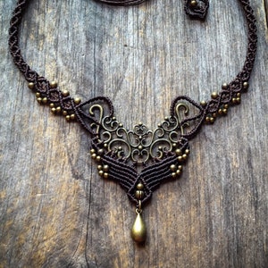 Macrame Bohemian necklace boho jewelry gift for her IVY brass brown