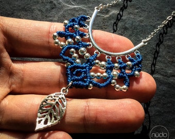 Micro Macrame necklace ELVEN LEAF silver pendant on chain elf lace bohemian nature boho macramé jewelry