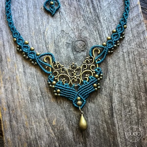 Macrame Bohemian necklace boho jewelry gift for her IVY brass teal