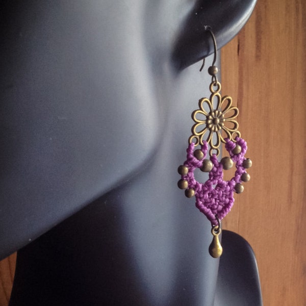 Macrame boho earrings - Flower in Orchid Mauve - bohemian jewelry micro macrame micro-macrame