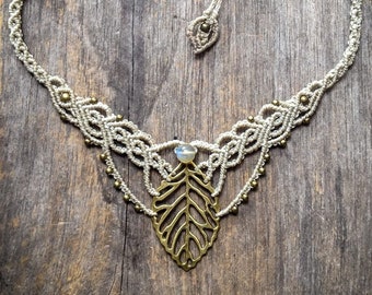 BOHO LEAF Macrame necklace brass labradorite necklace elven bohemian jewelry