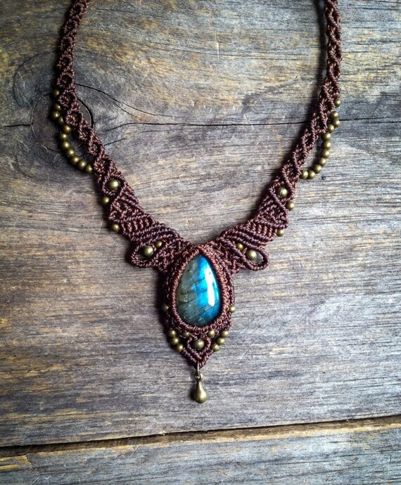 Labradorite Macrame Necklace Bohemian Jewelry Brass Tribal Hippie Choker Festival Gemstone Elegant Neck piece