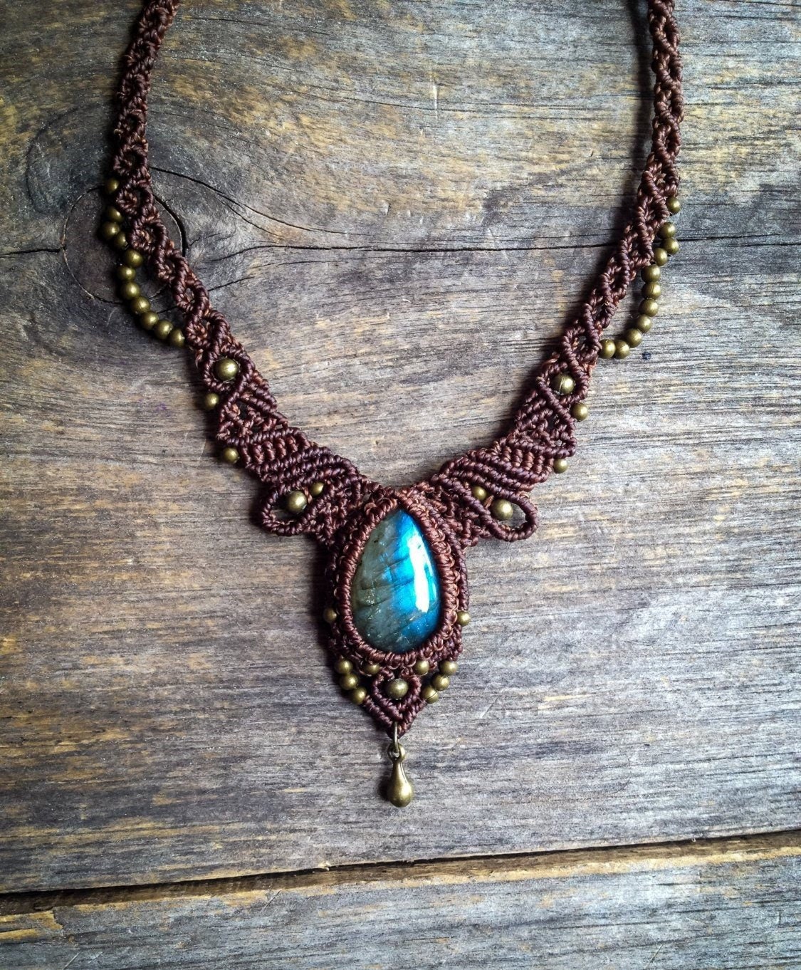 Macrame Necklace Pendant Jewelry Labradorite Cabochon Stone Handmade Bohemian R5 