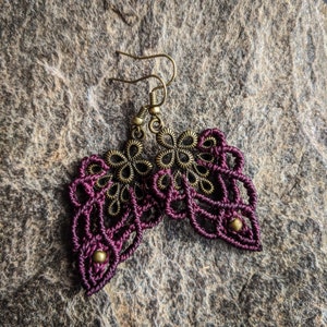NAOMI Macrame earrings bohemian chic lace brass elven boho micro macrame jewelry purple