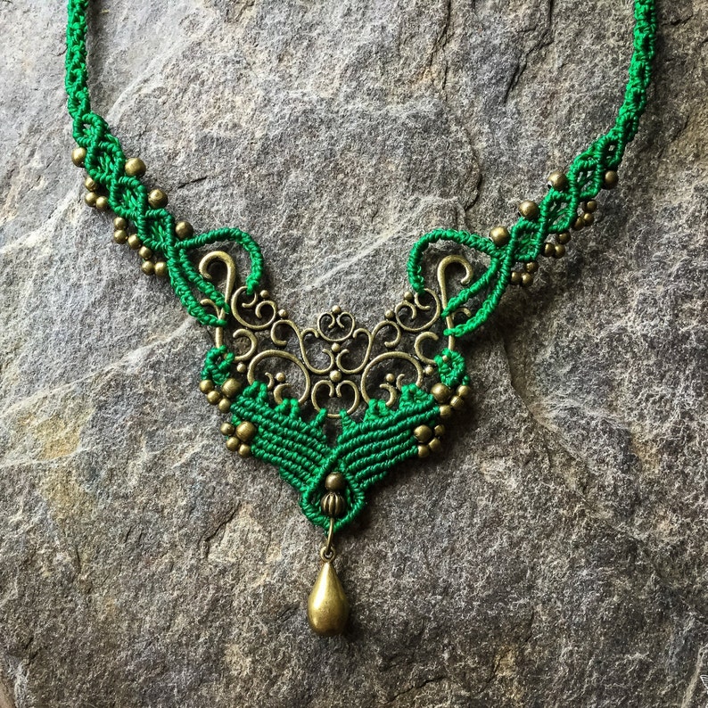 Macrame Bohemian necklace boho jewelry gift for her IVY brass green