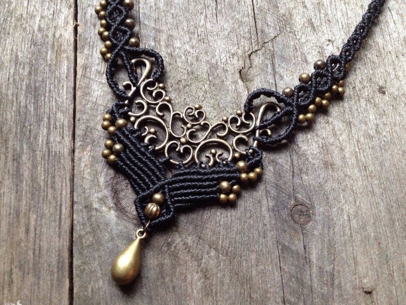 Macrame Bohemian necklace boho jewelry gift for her IVY brass black