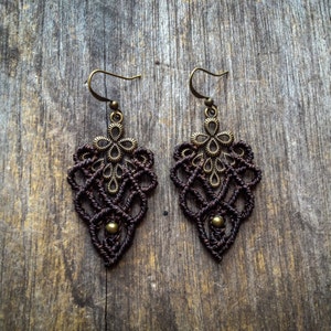 NAOMI Macrame earrings bohemian chic lace brass elven boho micro macrame jewelry brown