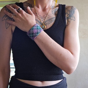 Macrame cuff bracelet plaid pattern lilac mauve emerald green and turquoise