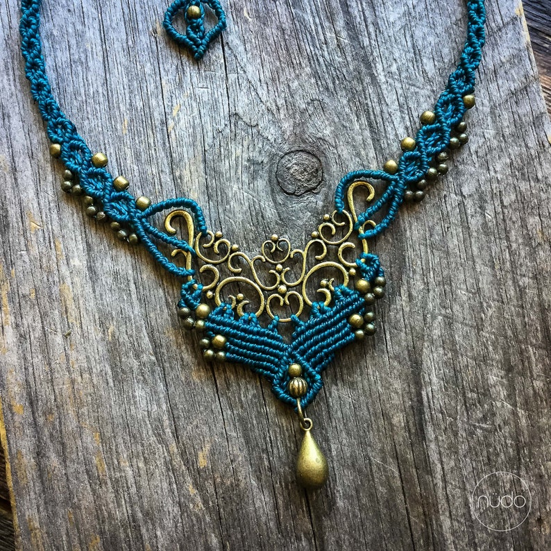 Macrame Bohemian necklace boho jewelry gift for her IVY brass teal