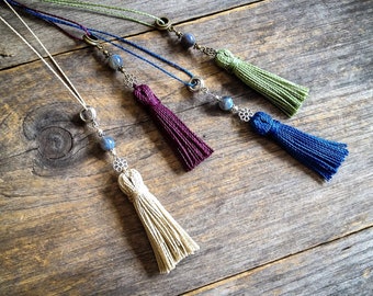 Boho Gemstone TASSEL NECKLACE Bohemian pendant labradorite moonstone or amethyst