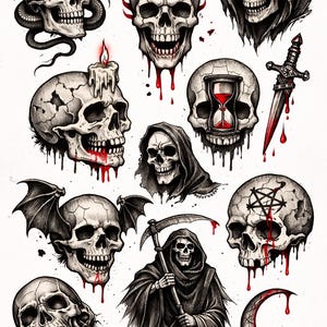 May include: A collection of black and white skull illustrations with red accents. The images include skulls with flames, a snake, a candle, an hourglass, a dagger, bat wings, a scythe, and a crescent moon.