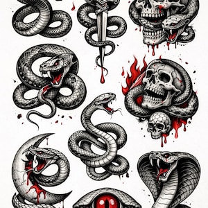 May include: A series of monochrome illustrations depicting snakes, skulls, a dagger, and an eye. The snakes are coiled and threatening, with open mouths and red tongues. Blood drips from the dagger, skulls, and eye, creating a gothic theme.