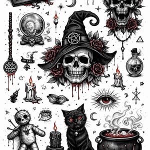 Könnte beinhalten: Schwarz-Weiß-Illustration mit okkulten Symbolen. Ein Totenkopf mit Hexenhut, eine schwarze Katze, ein Kessel über einem Feuer, eine Voodoo-Puppe, ein Zauberbuch und weitere mystische Elemente sind dargestellt.