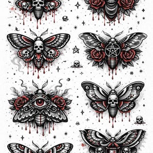 Op de afbeelding: Een verzameling van acht motillustraties met schedel- en rozenontwerpen. De motten zijn zwart-wit met rode accenten, met schedels, rozen en druipende bloeddetails. Het kunstwerk heeft een op tattoos geïnspireerde esthetiek.