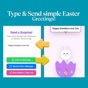 May include: A digital Easter greeting design with the text "Type & Send simple Easter Greetings!". The design includes a white bunny emerging from a purple egg, and options to send via WhatsApp, text, or copy a link.