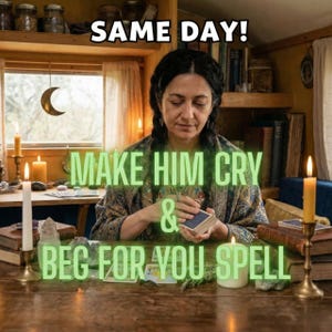 May include: A woman with dark hair is seated at a wooden table, holding a deck of cards. The text "MAKE HIM CRY & BEG FOR YOU SPELL" is overlaid on the image. Candles and books are on the table, and the text "SAME DAY!" is at the top.