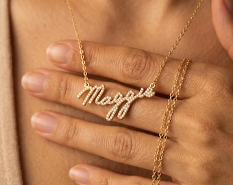 14K Gold Personalized Name Necklace with Stones, Custom Diamond Name Necklace, Sparkly Name Necklace,  Gift for Her, Custom Jewelry SJ17