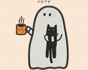 Ghost Cat Coffee Machine Embroidery File, Spooky Season Embroidery, Cute Halloween Ghost Coffee, Halloween Black Cat Design, Halloween Ghost