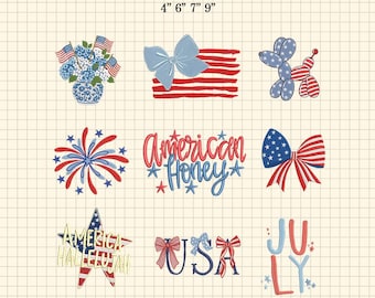 4th of Jul Bundle Stickmuster, Preppy 4th Jul Girly USA Stickerei, Amerikanisches Stickmuster, USA Unabhängigkeit, Amerikanischer Honig
