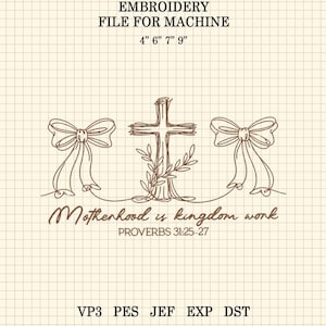 May include: An embroidery file for machine use, featuring a cross with floral accents, two bows, and the text "Motherhood is kingdom work" from Proverbs 31:25-27. The design is available in various sizes: 4", 6", 7", and 9".