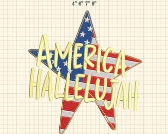 Amerika Halleluja Stickerei Design, 4.Juli Stickerei, Vaterländisches Design, Amerikanisches Design, USA-Flaggen-Sternstickerei