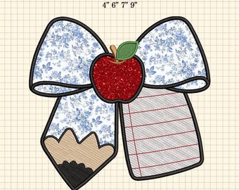 Applikation Zurück in die Schule Maschinenstickdatei, Lehrer-Stickerei, blaue Karo-Bleistift-Schleife, Lehrerapfel, Einschulung 2019