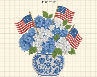 Chinoiserie Hydrangea USA Flagge Maschinenstickdatei, Vaterländische Blumenvase, USA 250 Datei, 4.Juli Stickdatei, Unabhängigkeitstag