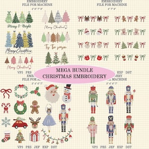 Puede incluir: Un catálogo digital de diseños de bordado navideño con árboles, cascanueces, Santa Claus, muñecos de nieve y renos. El texto incluye "EMBROIDERY FILE FOR MACHINE", "MERRY & BRIGHT", "MERRY CHRISTMAS", "TIS THE SEASON" y "MEGA BUNDLE CHRISTMAS EMBROIDERY".