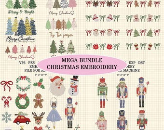 Könnte beinhalten: Ein digitaler Katalog mit Weihnachtsstickmustern, darunter Bäume, Nussknacker, Weihnachtsmann, Schneemänner und Rentiere. Der Text umfasst "EMBROIDERY FILE FOR MACHINE", "MERRY & BRIGHT", "MERRY CHRISTMAS", "TIS THE SEASON" und "MEGA BUNDLE CHRISTMAS EMBROIDERY".