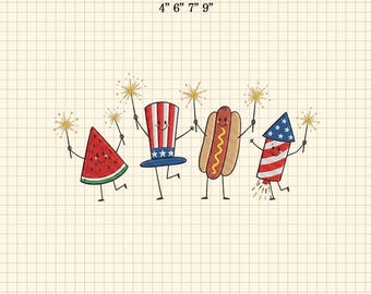 Vaterländischer Gekritzel Maschinenstickdatei, Wassermelonen-Hotdog-Feuerwerk, Maschinenstickerei, Unabhängigkeitstag, Retro-Amerika