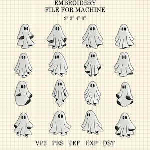 Könnte beinhalten: Eine Stickdatei für Maschinen mit sechzehn weißen Geistermotiven mit schwarzen Augen auf einem karierten Hintergrund. Der Text lautet EMBROIDERY FILE FOR MACHINE, 2" 3" 4" 6" und VP3 PES JEF EXP DST. Die Geister variieren in ihren drapierten Formen.