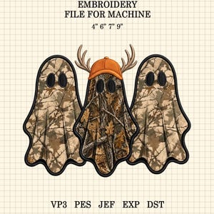 Könnte beinhalten: Eine Stickdatei für Maschinen mit drei Geisterformen in einem braun-beigen Tarnmuster. Der mittlere Geist trägt eine orangefarbene Baseballkappe mit braunem Geweih. Text: EMBROIDERY FILE FOR MACHINE 4" 6" 7" 9" und VP3 PES JEF EXP DST.