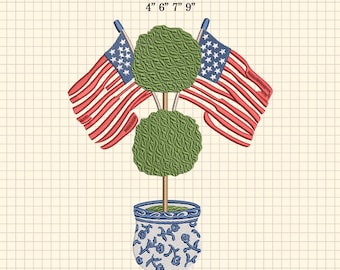 Chinoiserie Hydrangea USA Flagge Maschinenstickdatei, Vaterländische Blumenvase, USA 250 Datei, 4.Juli Stickdatei, Unabhängigkeitstag
