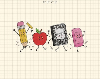 Back to School Stickdatei, Happy School Lieferung Doodles Design, Crayon Apple Pencil Notebook Stickdatei, Lehrer Design