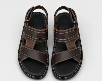 Sandales en cuir marron faites main pour hommes, sandales confortables pour la marche au quotidien, chaussures d'été à bout ouvert