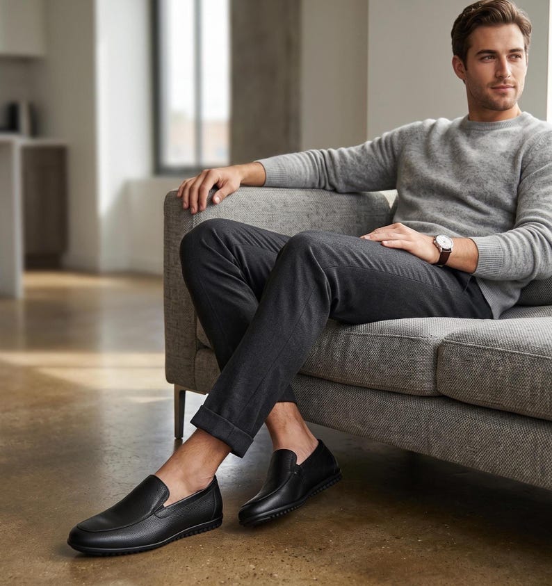 K&ouml;nnte beinhalten: Ein Paar schwarze Slipper aus Leder mit abgerundeter Spitze, glatter Oberfl&auml;che und strukturierter Gummisohle. Die Schuhe haben ein flaches Design mit elastischen Seiteneins&auml;tzen f&uuml;r einen sicheren Halt und eine schlichte Silhouette.