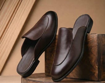 Mules en cuir faites main pour homme, chaussures en cuir marron à enfiler, sandales d'été décontractées, chaussures confortables pour homme, pantoufles minimalistes en cuir
