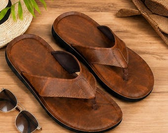 Tongs en cuir marron pour homme, sandales de plage décontractées pour l'été, tongs confortables, chaussures artisanales, chaussures minimalistes pour le quotidien
