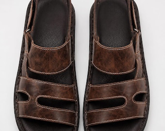 Sandales en cuir marron pour homme, chaussures d'été confortables, sandales de marche décontractées fabriquées à la main