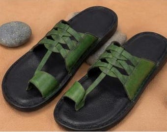 Sandales artisanales en cuir vert, pantoufles tressées pour hommes, chaussures ethniques à enfiler